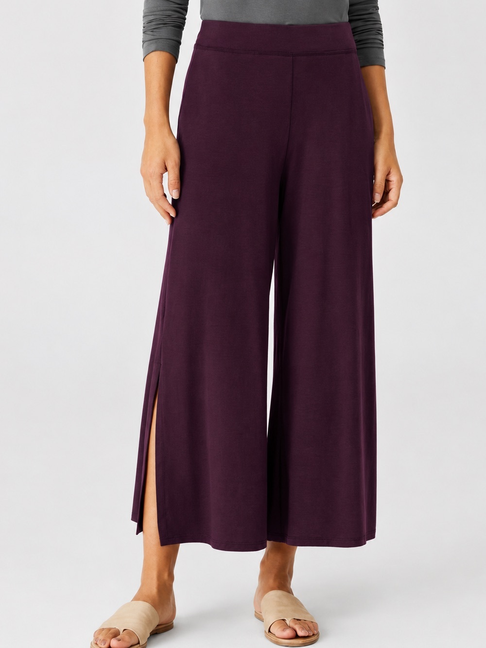Eileen Fisher Fine Jersey Wide-Leg Pant with Slits Purple Small